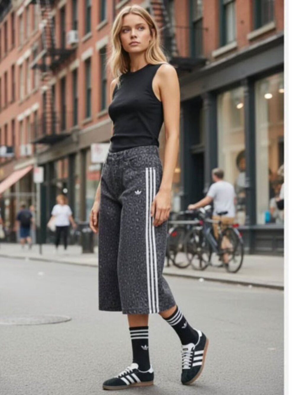 ADIDAS ORIGINALS 3 STRIPES LEOPARD DENIM BERMUDA SHORTS - Picture 2 of 7
